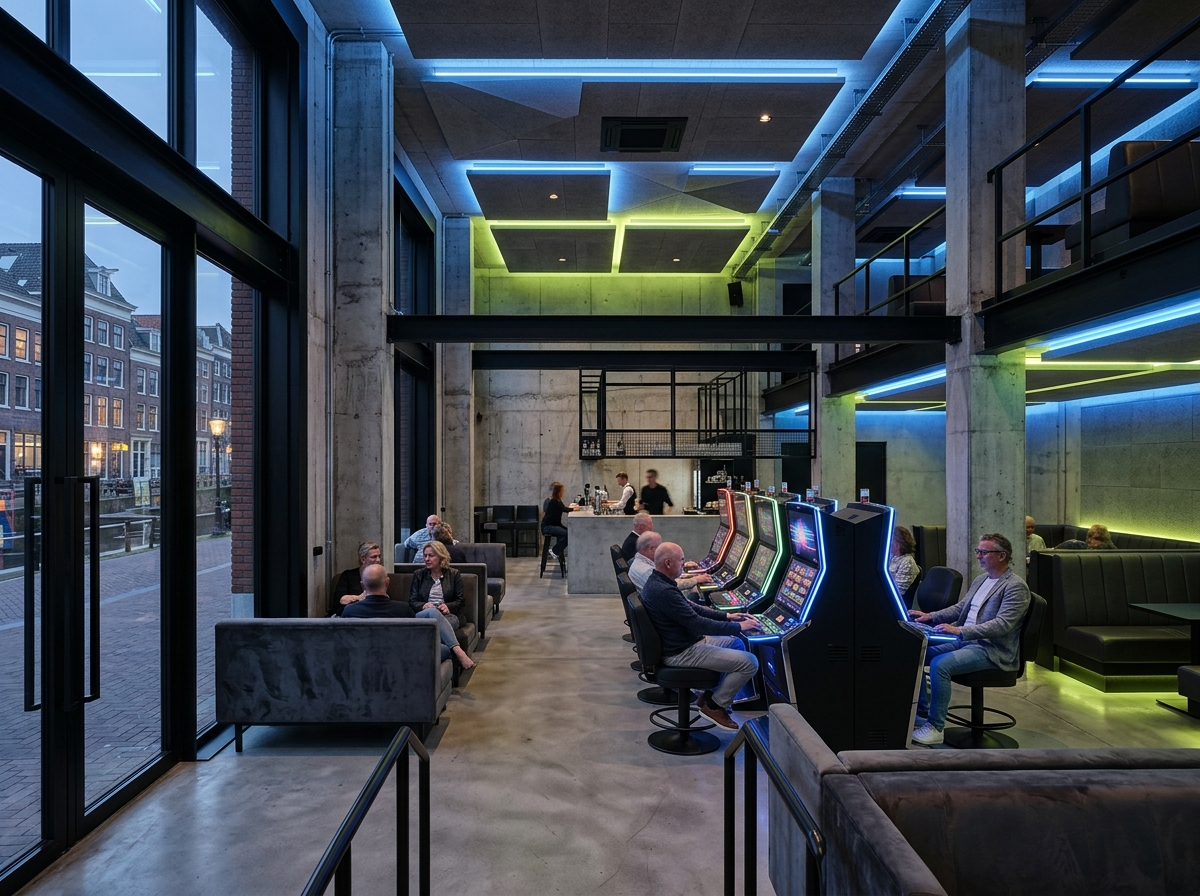Neo-brutalistische entertainmentruimte met moderne speelvloer