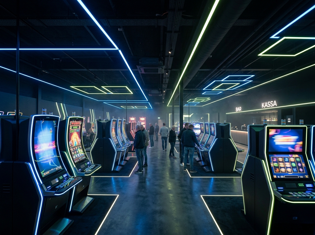 Moderne speelhal met grafische verlichting en generieke speelautomaten